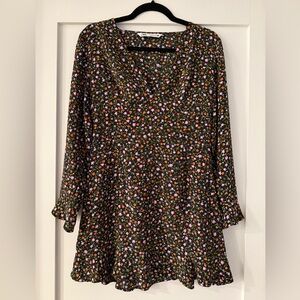 Zara Black/Floral Long Sleeve Plunge Neck Mini Dress